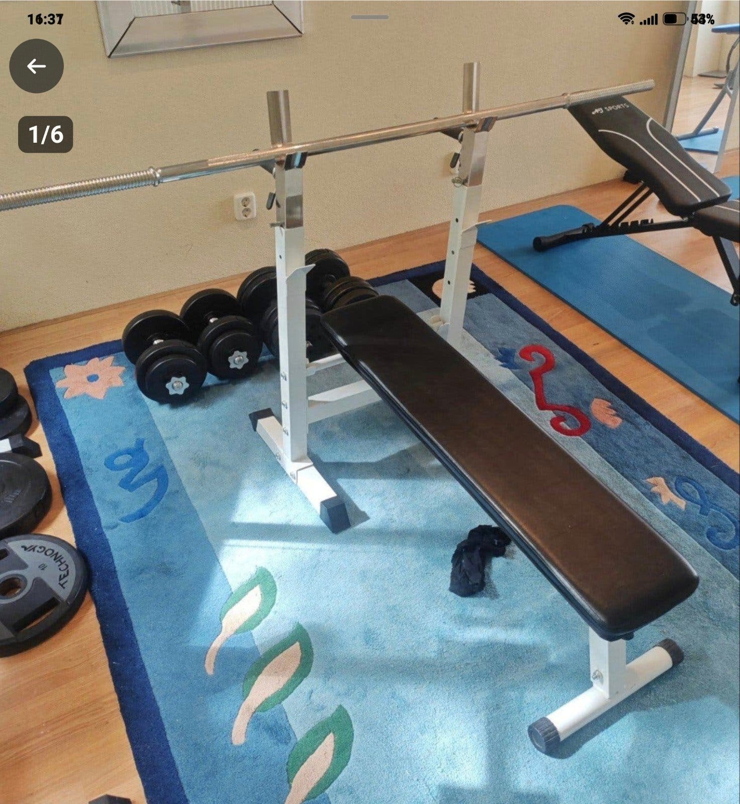 Halterbank(drukbank) + halterstang dus 70 kg aan gewicht, Sport en Fitness, Ophalen, Zo goed als nieuw, Armen, Fitnessbank