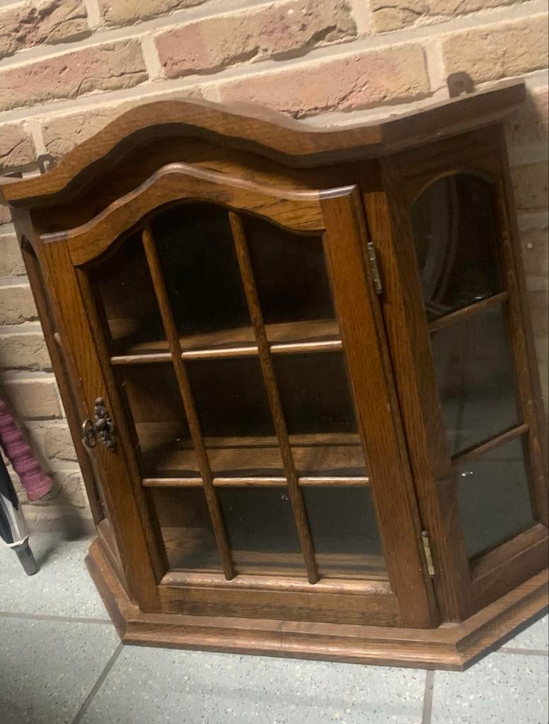 Antieke massieve eiken hang vitrinekast, Huis en Inrichting, Kasten | Vitrinekasten, Ophalen, Gebruikt, 50 tot 100 cm, Minder dan 100 cm