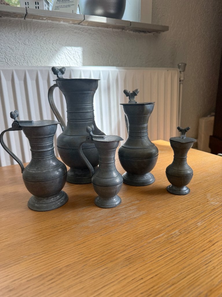 Mooie complete 5-delige set tinnen kannen, Ophalen