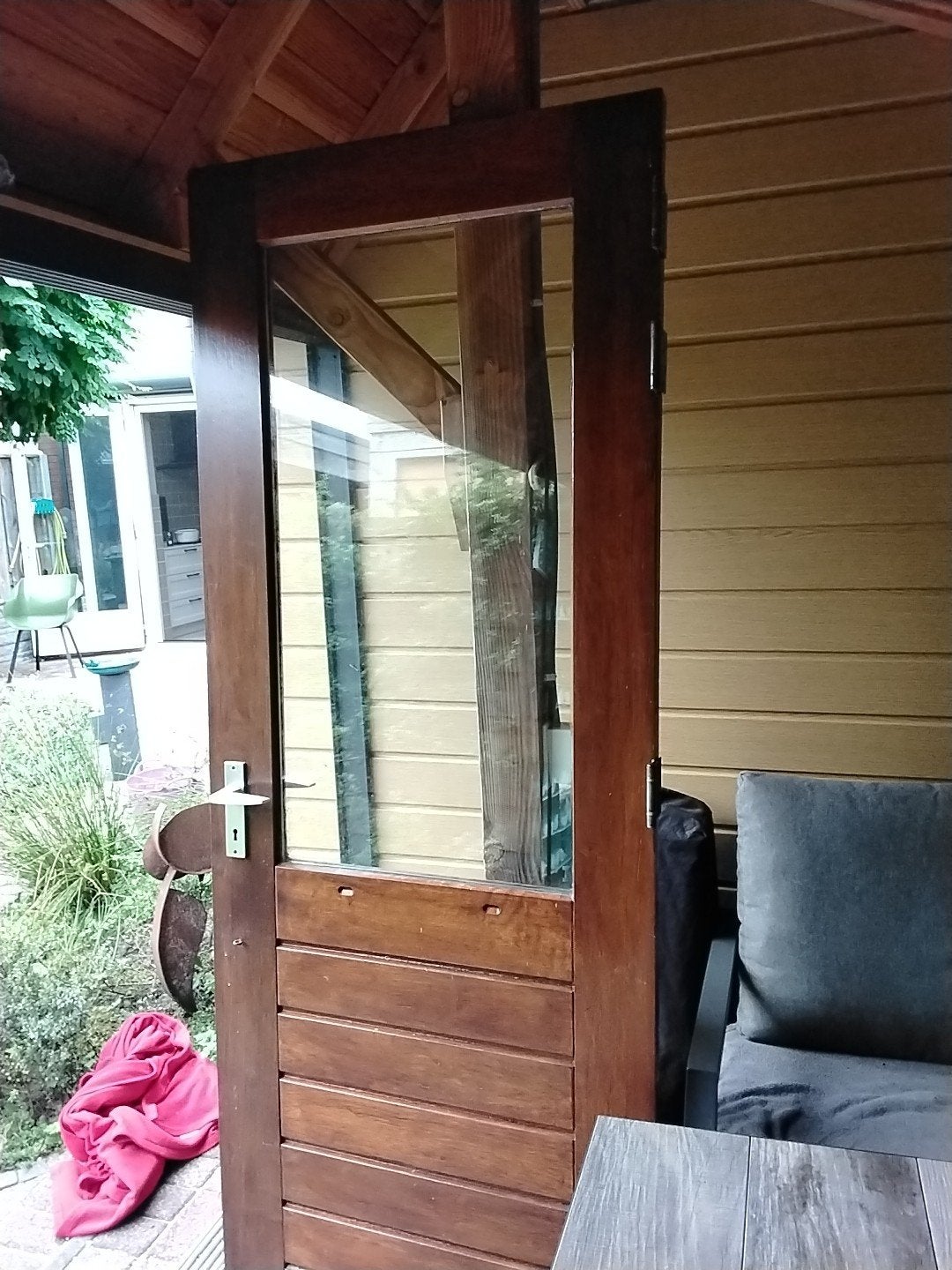 Houten buitendeur met glas, Ophalen, Gebruikt, 200 tot 215 cm, Glas