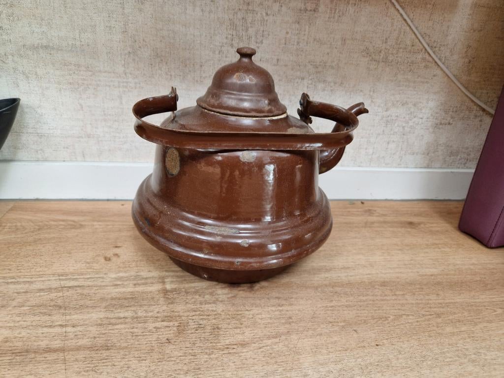 Vintage retro Ketel - Bruine Emaille Waterketel, Antiek en Kunst, Antiek | Keukenbenodigdheden, Ophalen of Verzenden