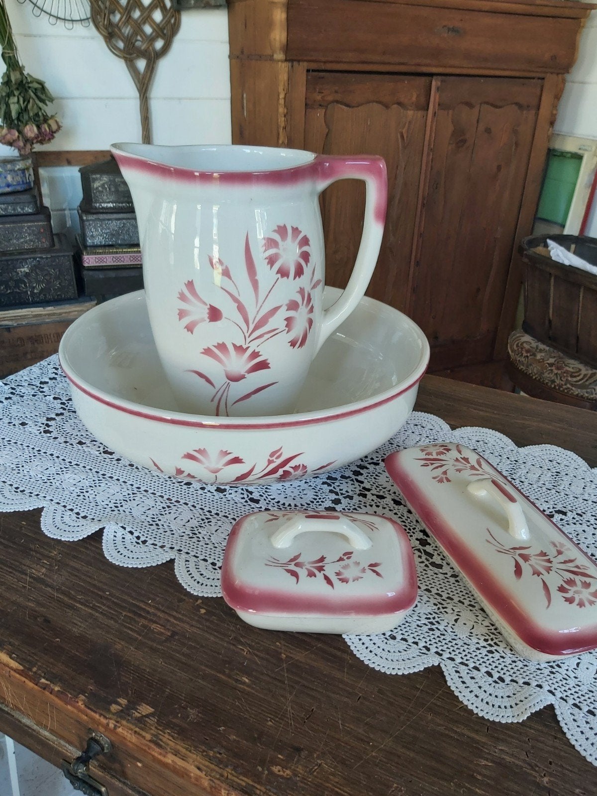 Brocante boch lampetstel lampetset kan schaal roze bloemen b, Ophalen of Verzenden