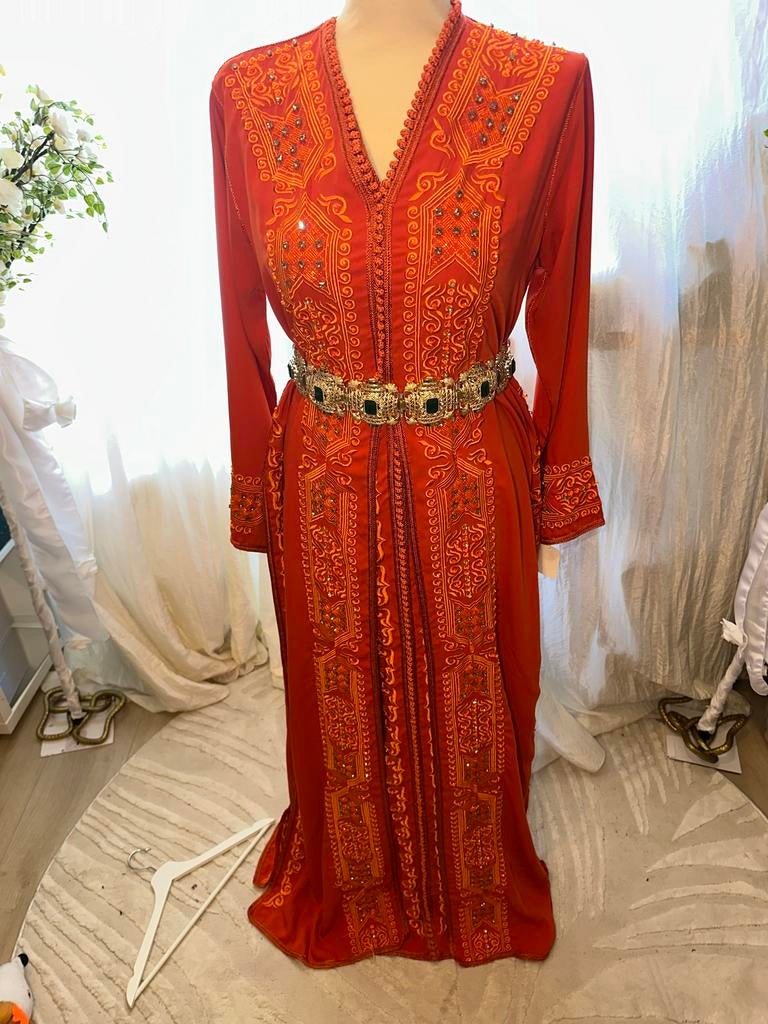 Nieuwe Marokkaanse Kaftan - Oranje met Borduurwerk, Kleding | Dames, Gelegenheidskleding, Maat 38/40 (M), Overige typen, Nieuw