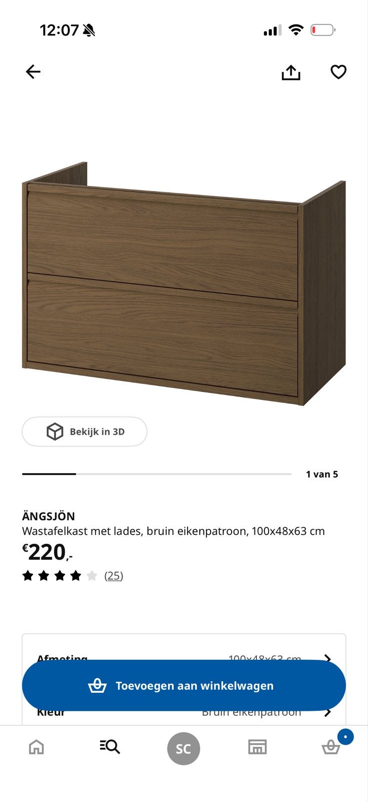 IKEA ÄNGSJÖN wastafelkast - Bruin eikenpatroon - ZGAN, Ophalen, 50 tot 100 cm, Zo goed als nieuw, Minder dan 100 cm