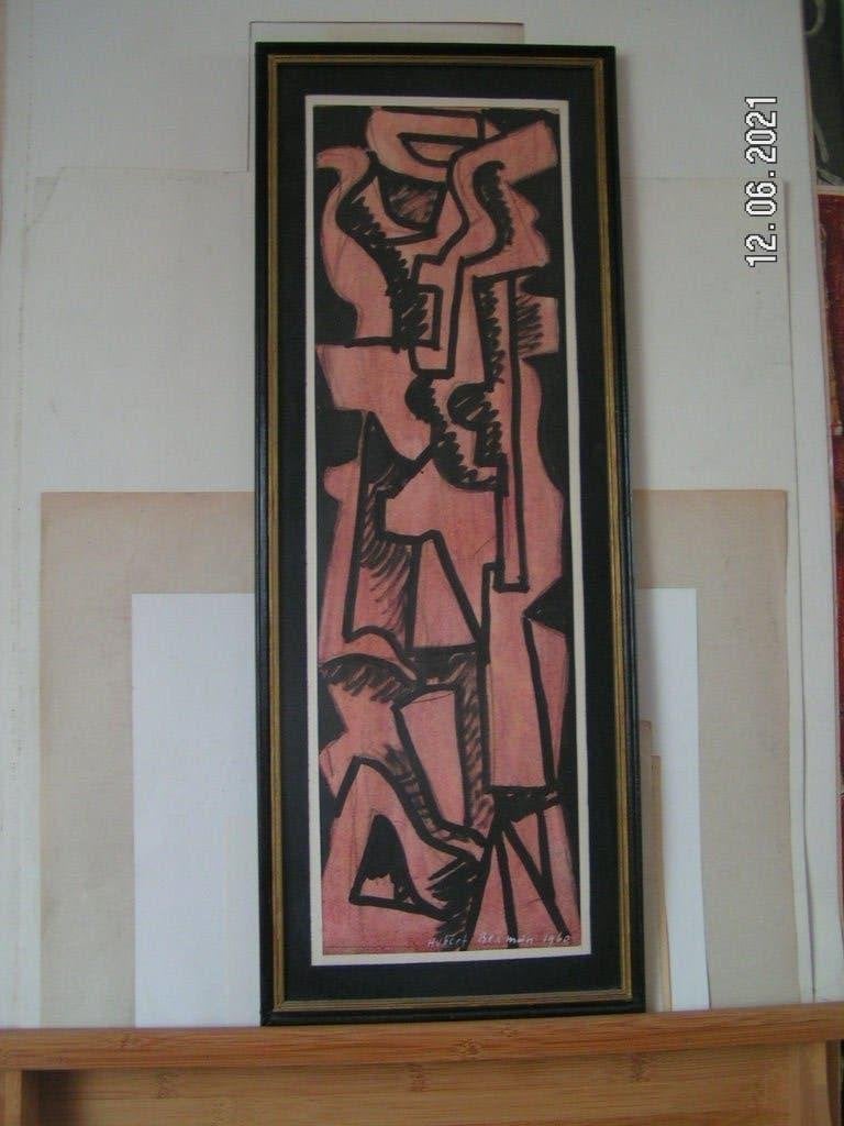 Hubert Bekman voorstudie sculptuur uit 1961 inkt ets, Dagelijks leven, Genummerd, 57 cm, Zeefdruk