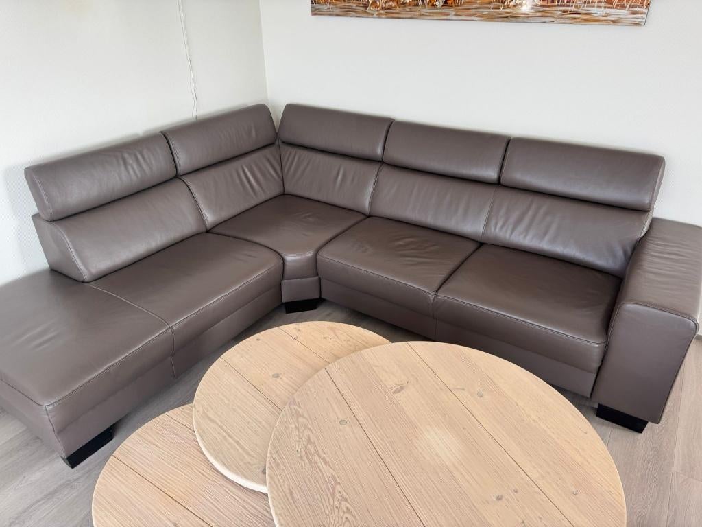 Bruine leren bank (2.70 x 2.22), Huis en Inrichting, Banken | Bankstellen, Ophalen, 250 tot 300 cm, Gebruikt, Hoekbank