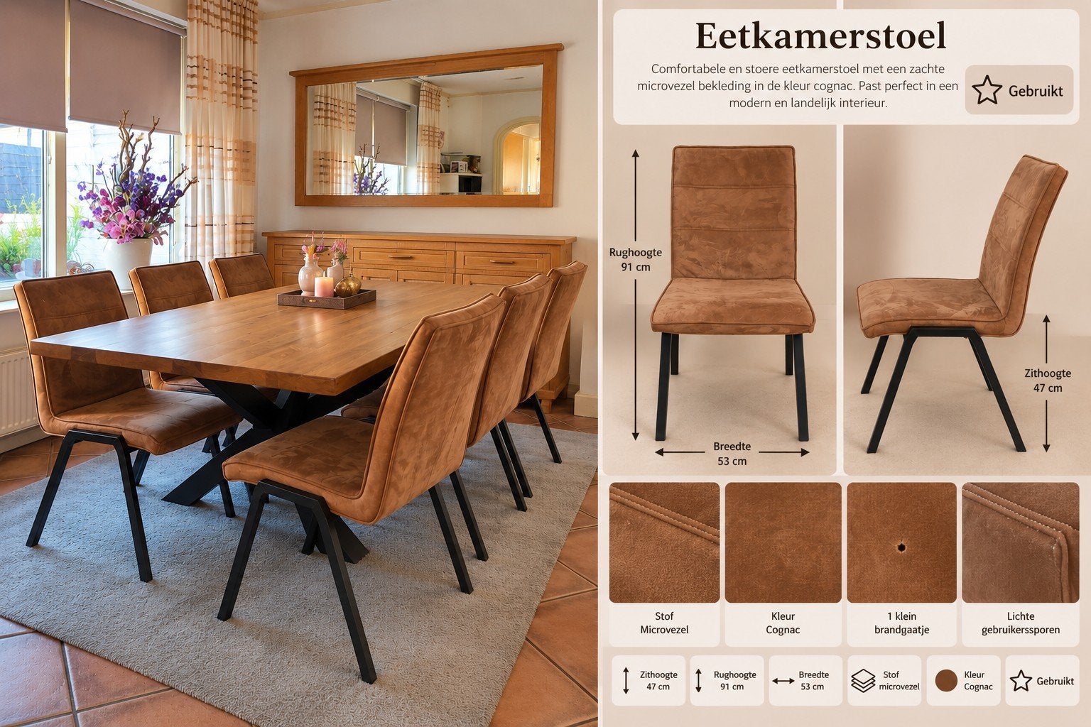Complete eetkamerset – mangohouten eettafel + 6 cognac eetka, Huis en Inrichting, Ophalen, Gebruikt, Industrieel-modern, 200 cm of meer