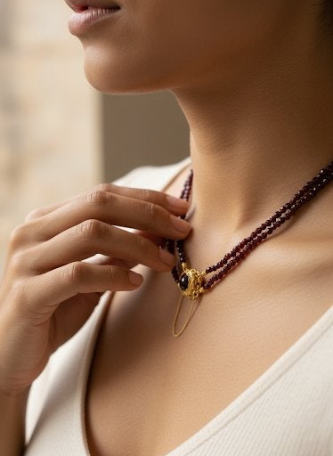 Granaten ketting met gouden slot, 50 cm
