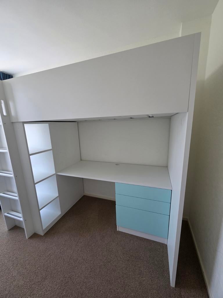 Ikea Smastad Hoogslaper met Bureau & Kledingkast Wit/Mint, Ophalen, Gebruikt, Eenpersoons, 200 cm