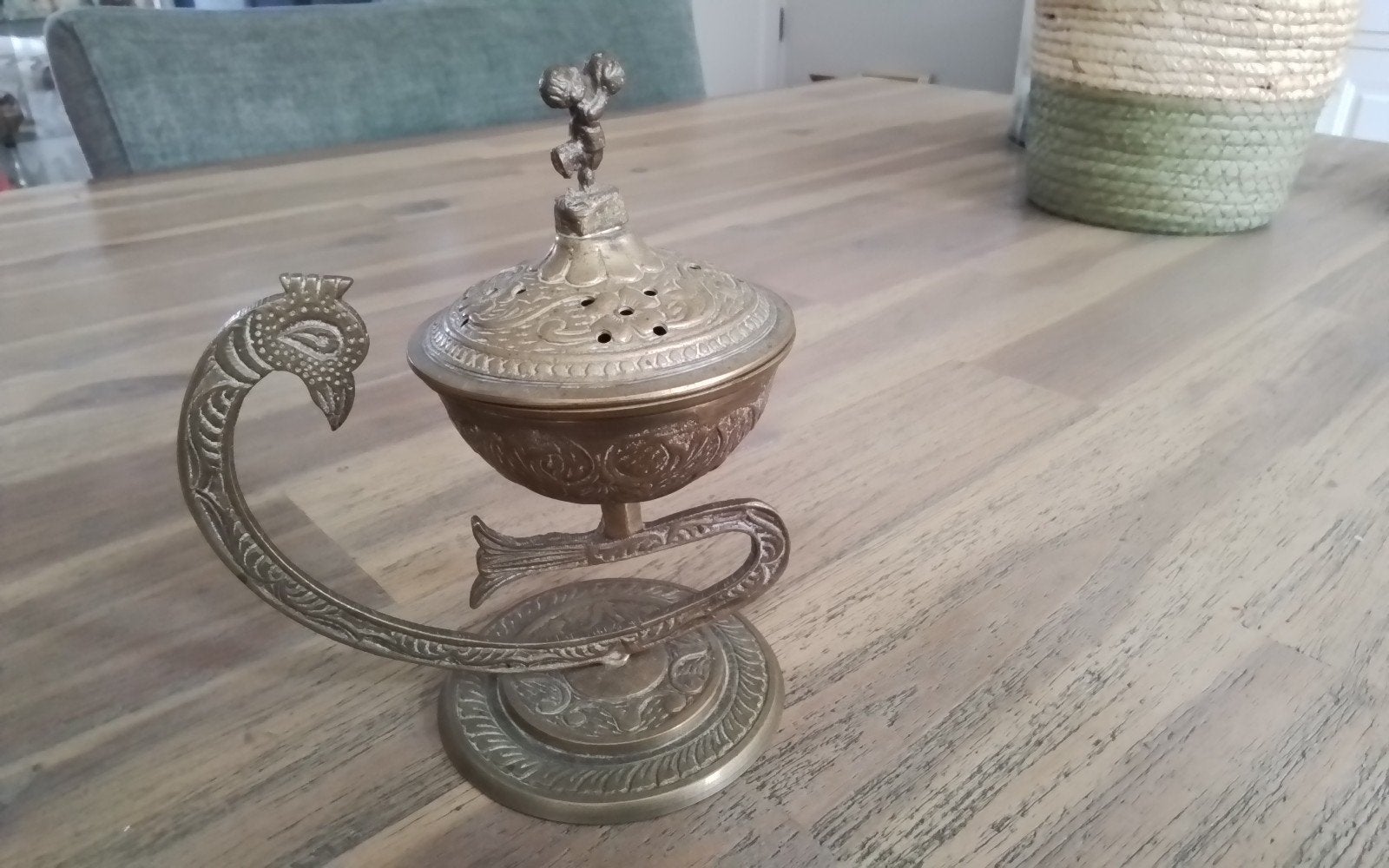 Antieke wierookbrander van messing met pauwdecoratie, Ophalen of Verzenden
