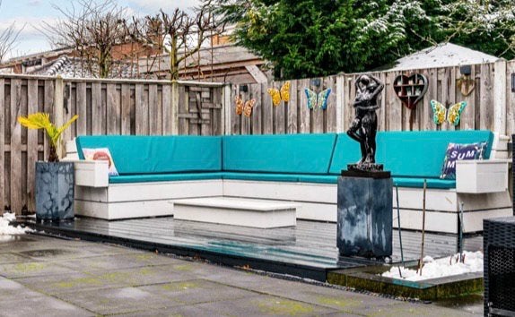 Tuin hoekbank van steigerhout BEVERWIJK, Tuin en Terras, Ophalen, Zo goed als nieuw, Hout