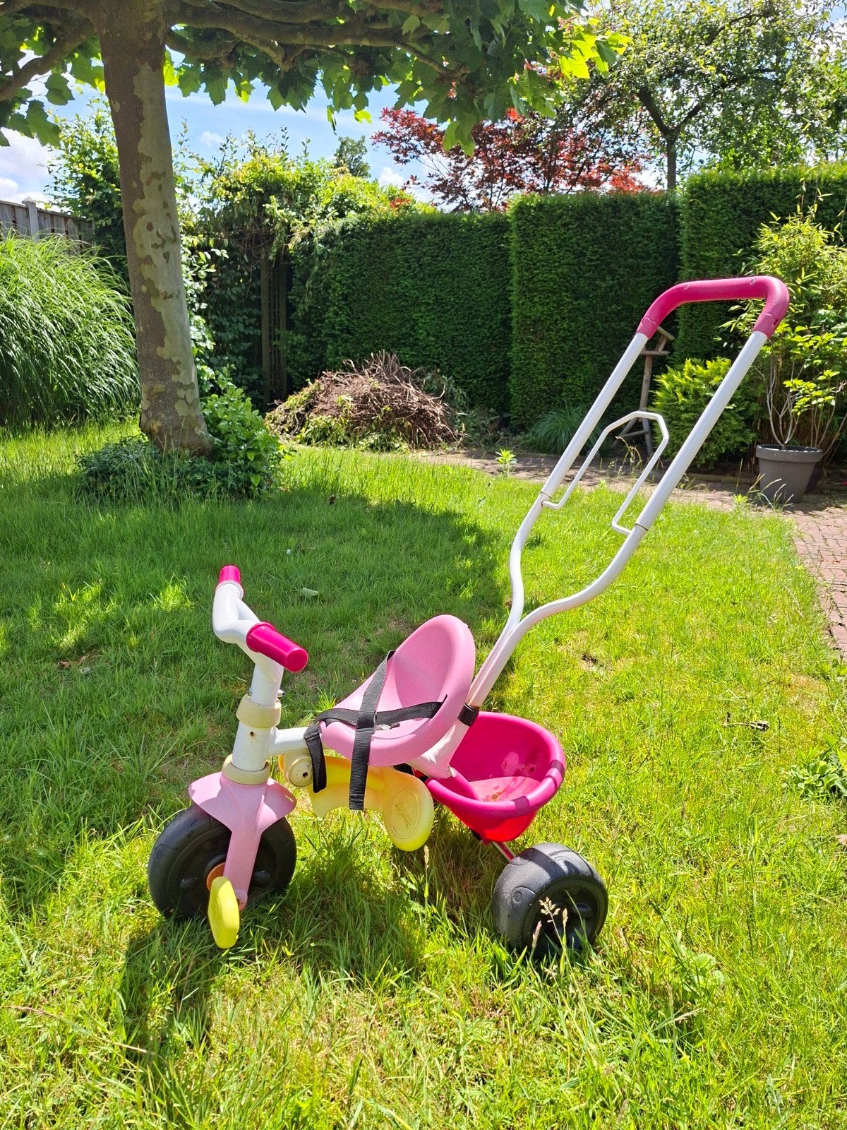 Smoby driewieler met duwstok en veiligheidsgordel, Ophalen, Gebruikt, Smoby, Duwstang