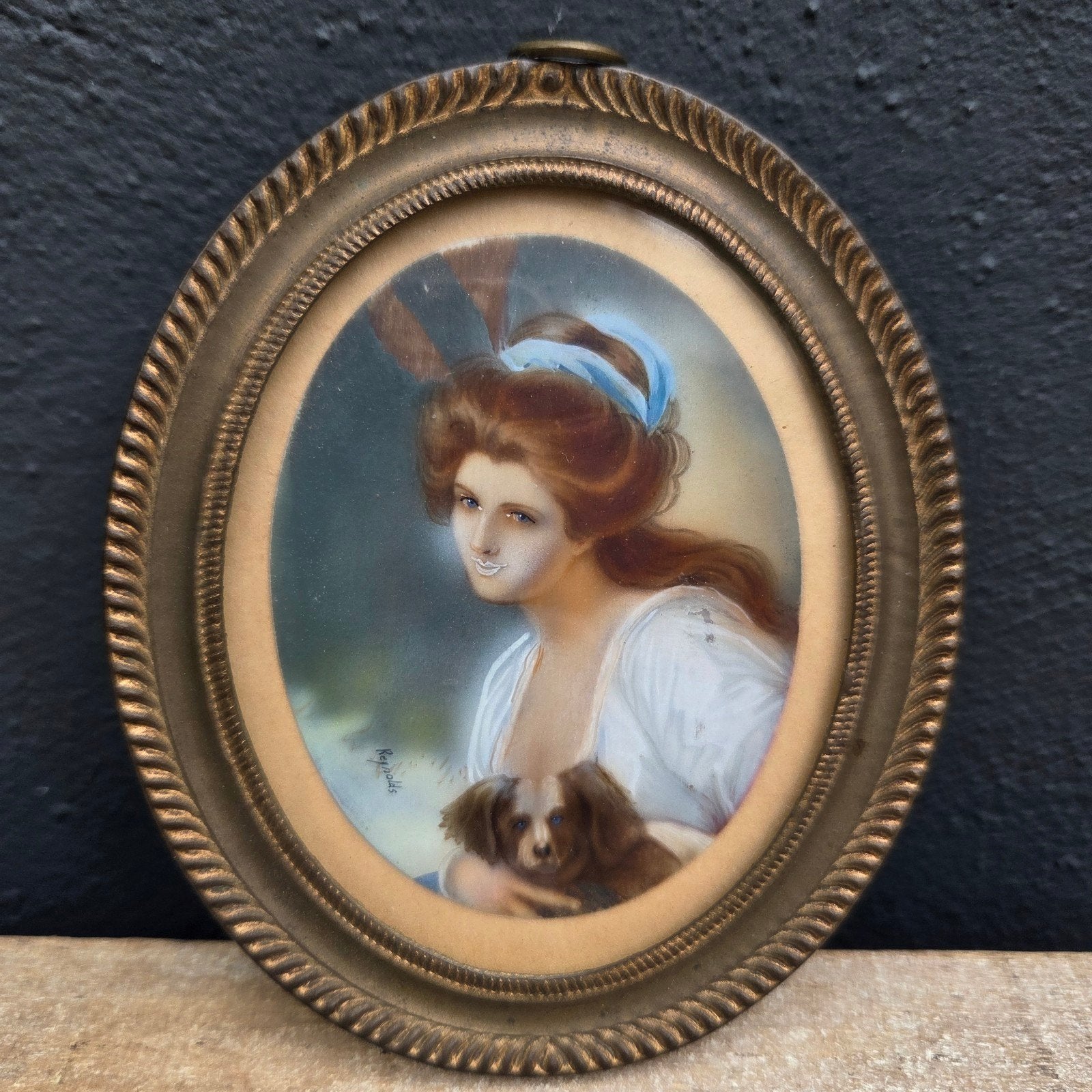 Art Nouveau Miniatuur Lijstje met Dame en Hondje, Ophalen of Verzenden