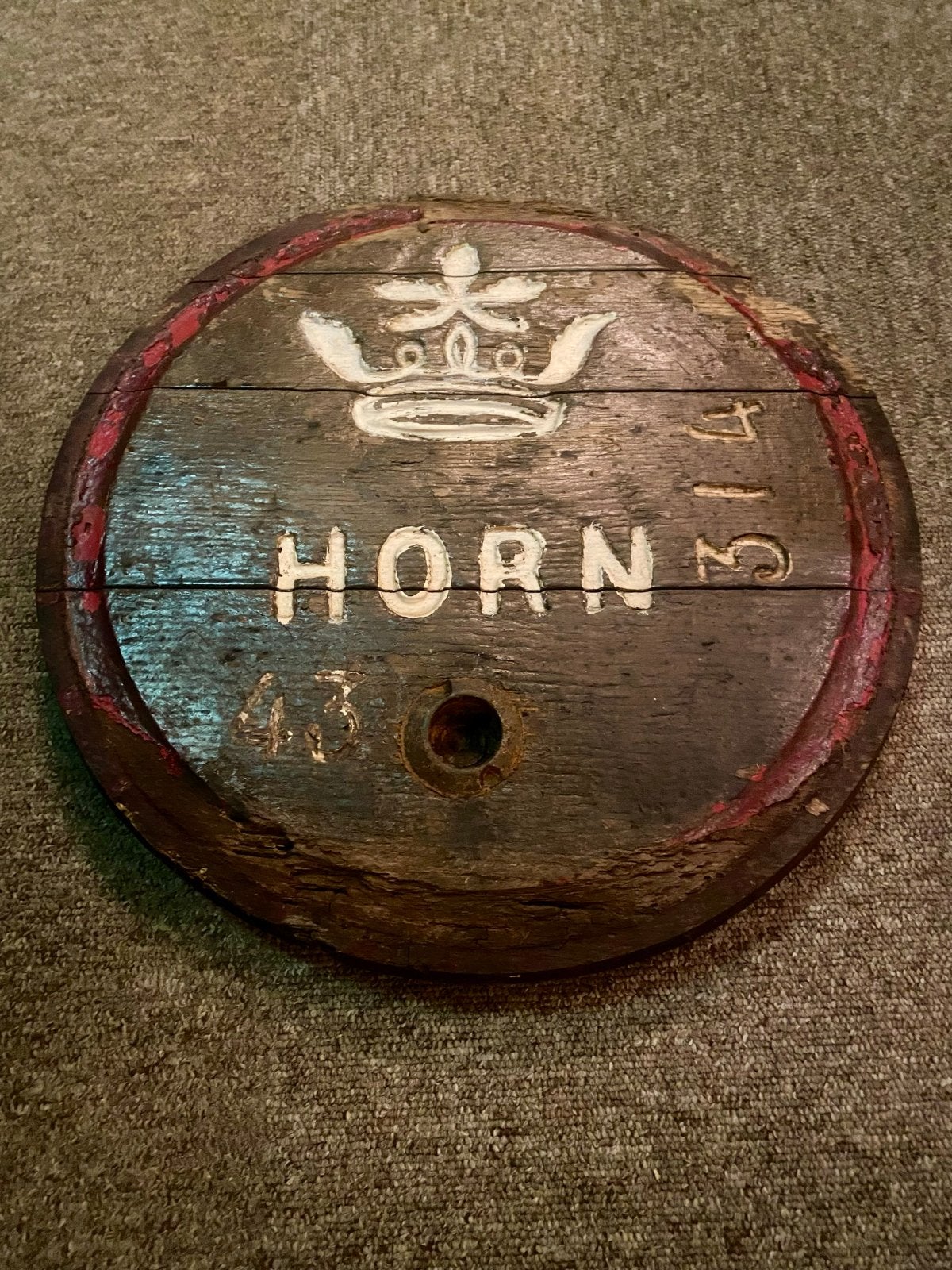 Oude deksel van Huyben’s biervat 43 liter. Nr. 314, Verzamelen, Ophalen of Verzenden, Gebruikt, Reclamebord, Plaat of Schild, Overige merken