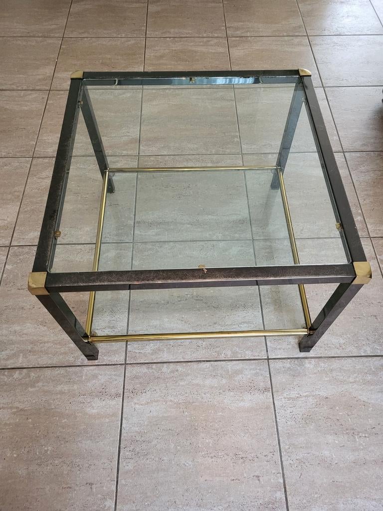 Glazen salontafel met messing accenten, Huis en Inrichting, Tafels | Salontafels, Ophalen, Gebruikt, 50 tot 100 cm, Modern, Klassiek, Hollywood Regency