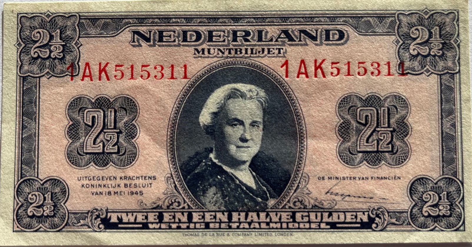 2,5 gulden 1945 hoge kwaliteit, Ophalen of Verzenden, 2½ gulden, Los biljet