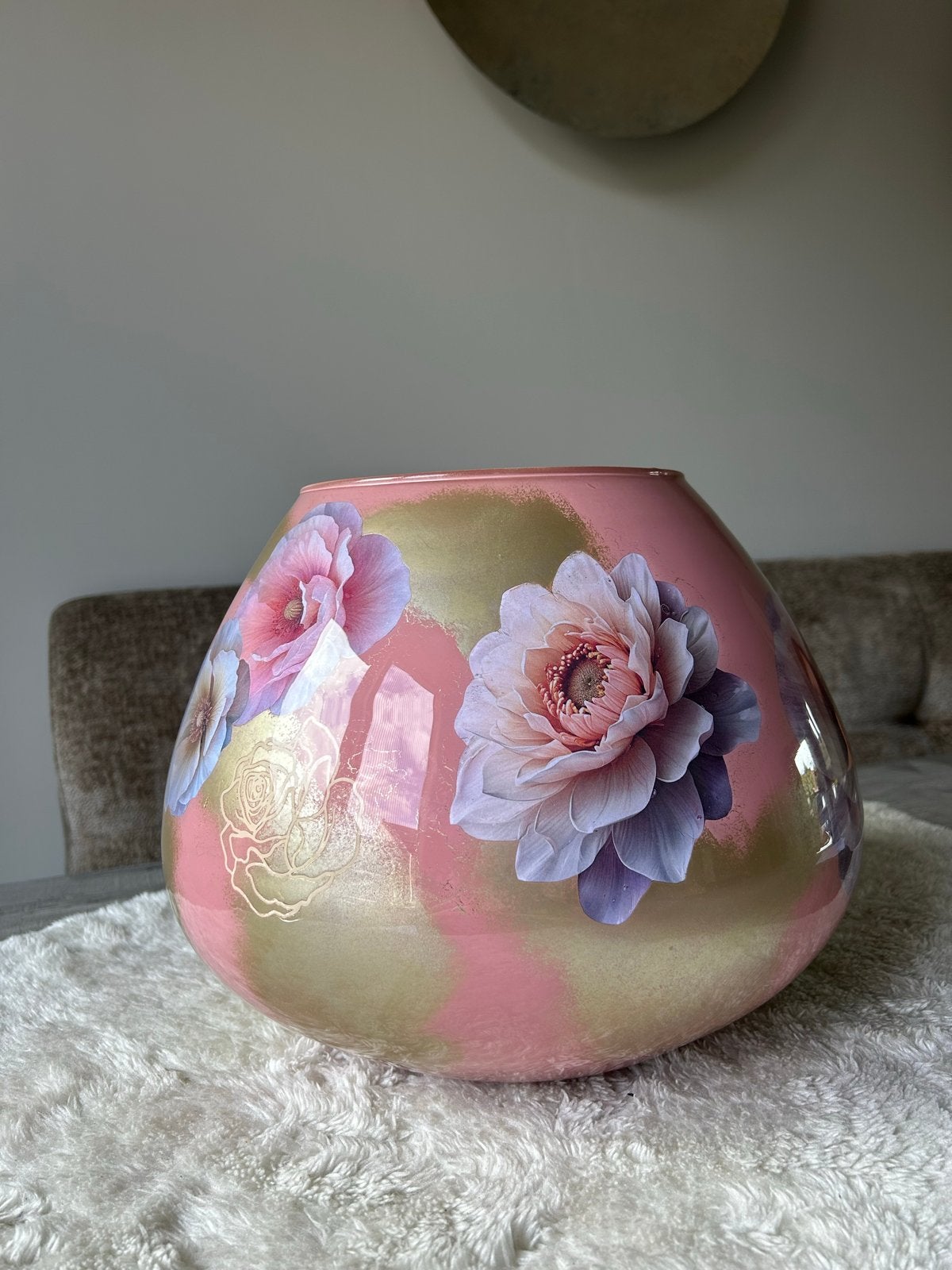 Reverse Decoupage Vaas Roze met Bloemen - 25 cm, Huis en Inrichting, Woonaccessoires | Vazen, 25 cm, Nieuw, Ophalen of Verzenden