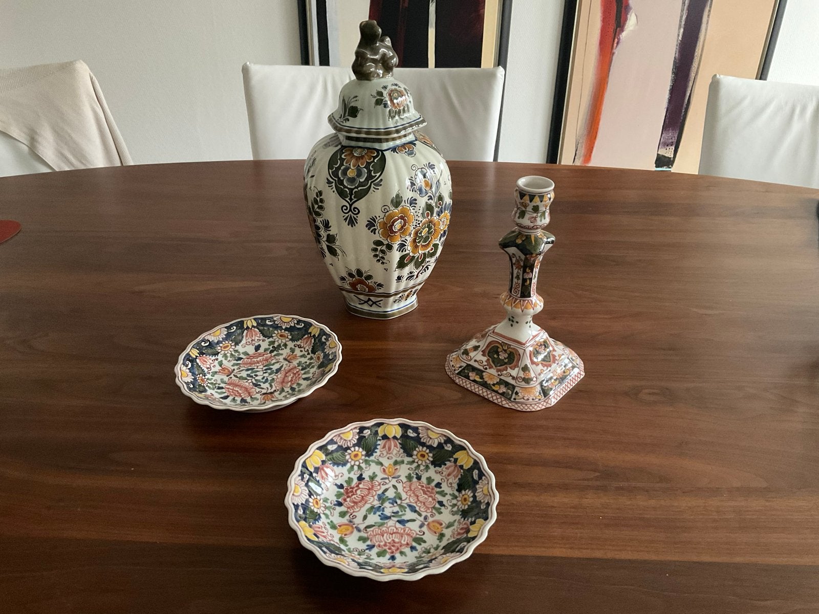 Makkum Polychroom Aardewerk Set: Vaas, Kandelaar, Schalen, Ophalen of Verzenden