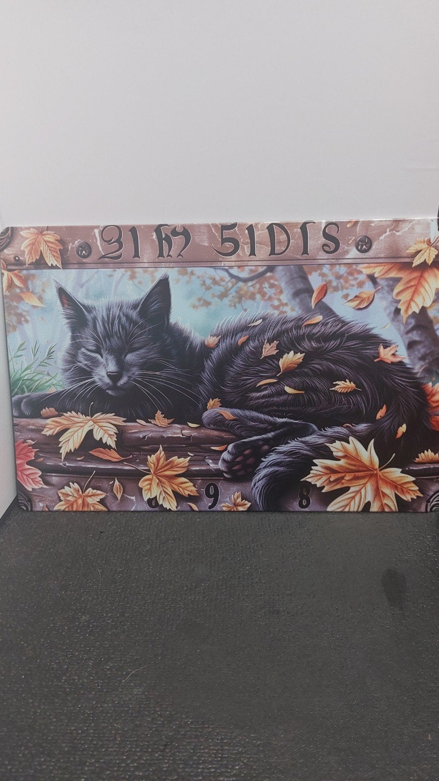 Decoratief bord met slapende zwarte kat en herfstbladeren, Metaal, Meerkleurig, Nieuw, Ophalen of Verzenden