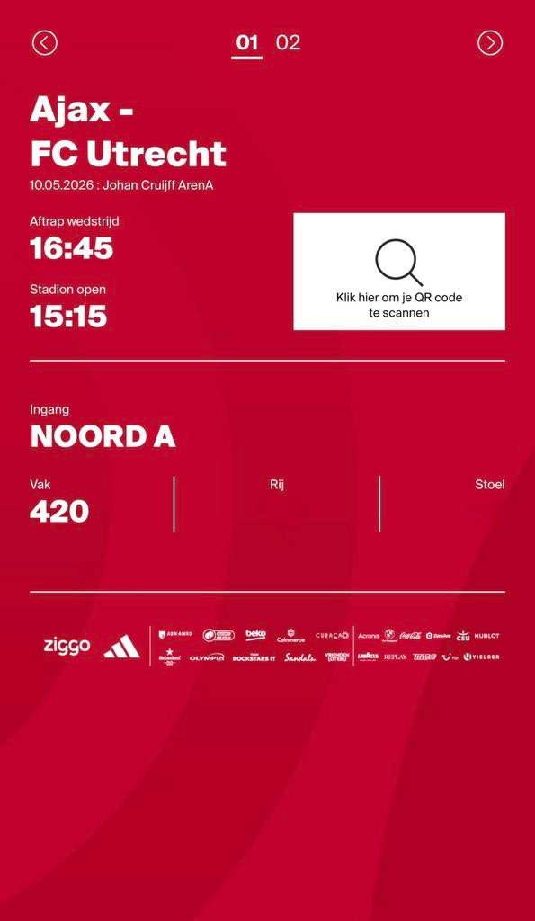 2 Tickets Ajax - FC Utrecht, Twee personen, Mei