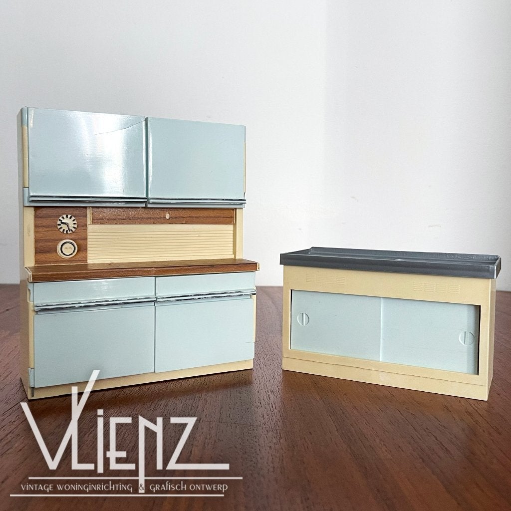 Vintage set poppenhuis meubels keuken keukenblok kast, Gebruikt, -, -, Overige typen