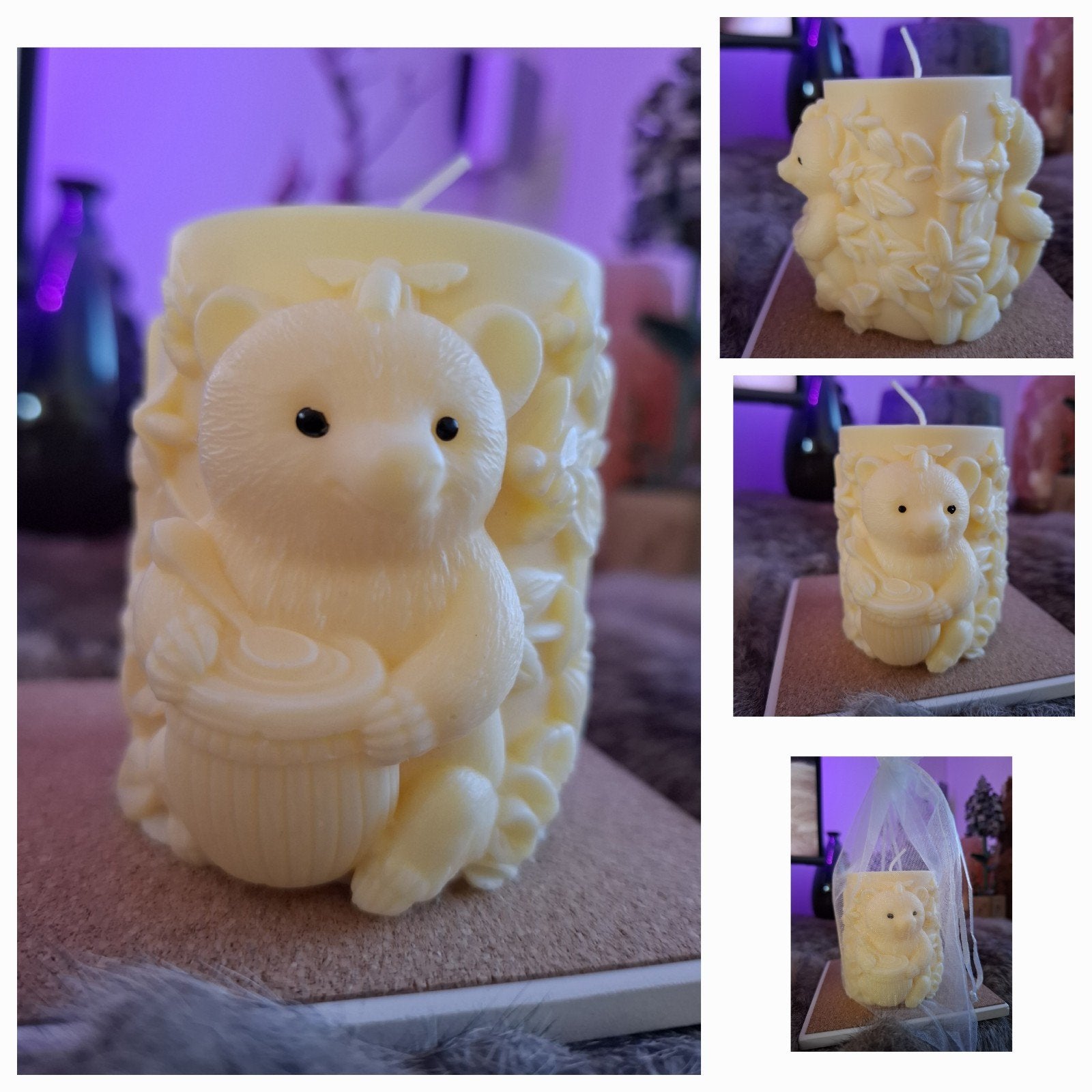 Stompkaars met beer en honingpot - 7 cm, Ophalen of Verzenden, Crème, Kaars, Was