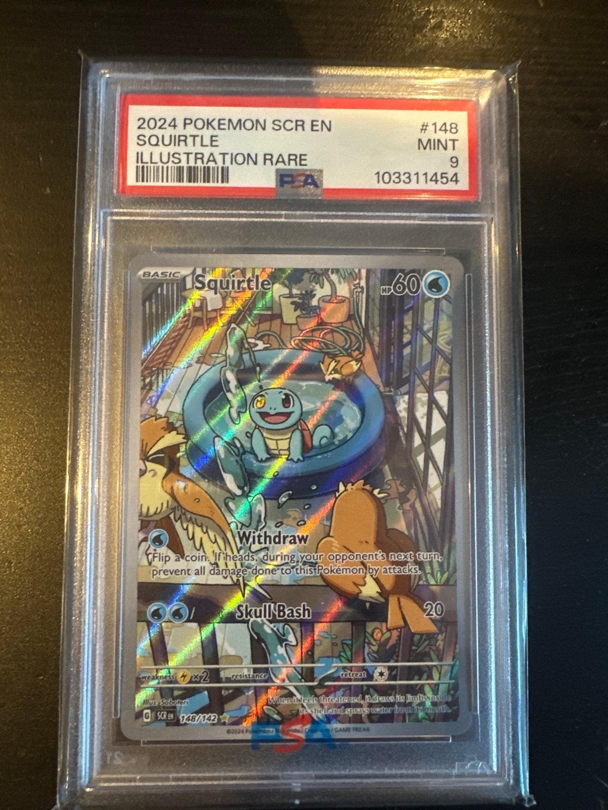 PSA 9 MINT Squirtle 2024 Pokemon SCR EN #148 Illustration Ra, Ophalen of Verzenden, Zo goed als nieuw, Losse kaart