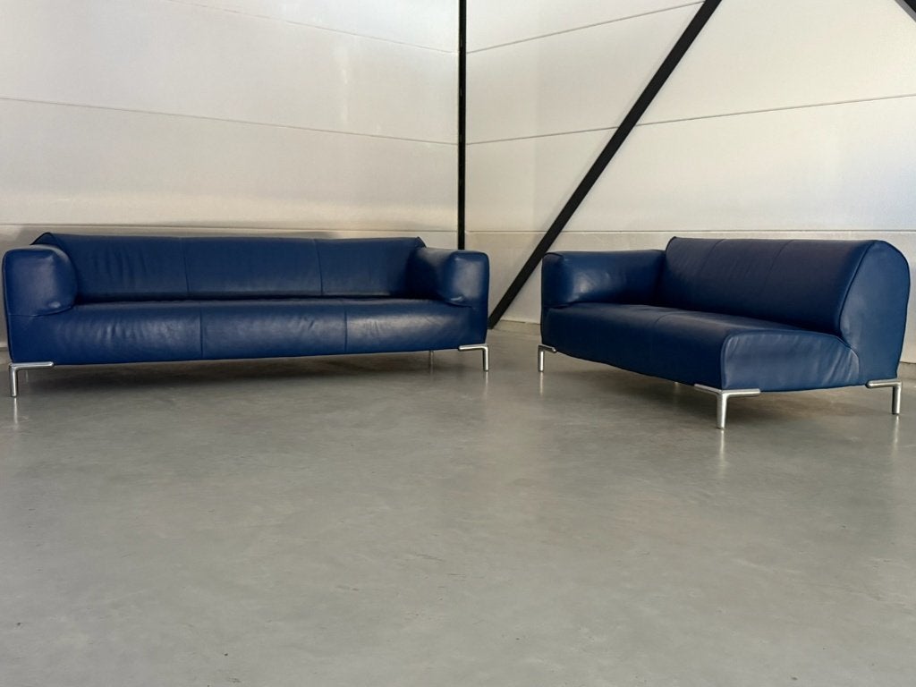 Bert Plantagie bank en chaise longue - blauw leer, Ophalen, Gebruikt, 100 tot 125 cm, Leer