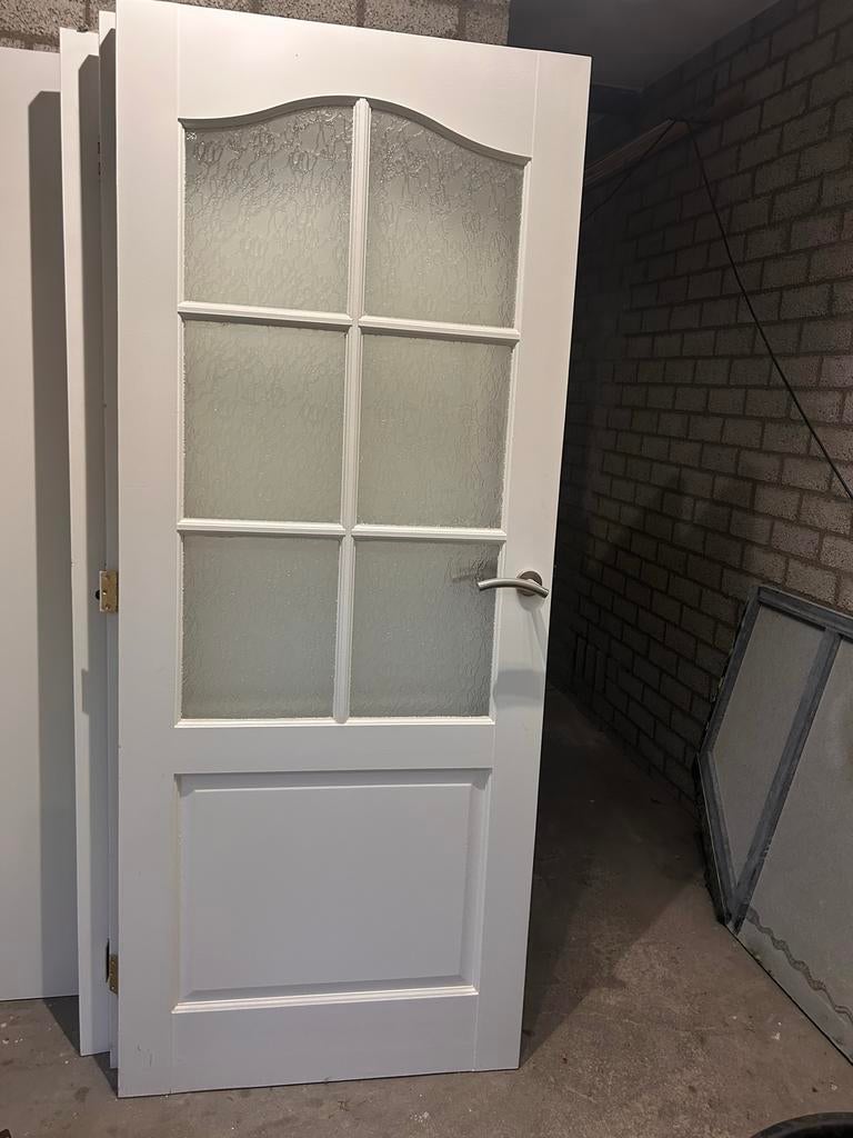 Houten binnendeur met geribbeld glas en deurbeslag, Ophalen, Gebruikt, 80 tot 100 cm, Binnendeur