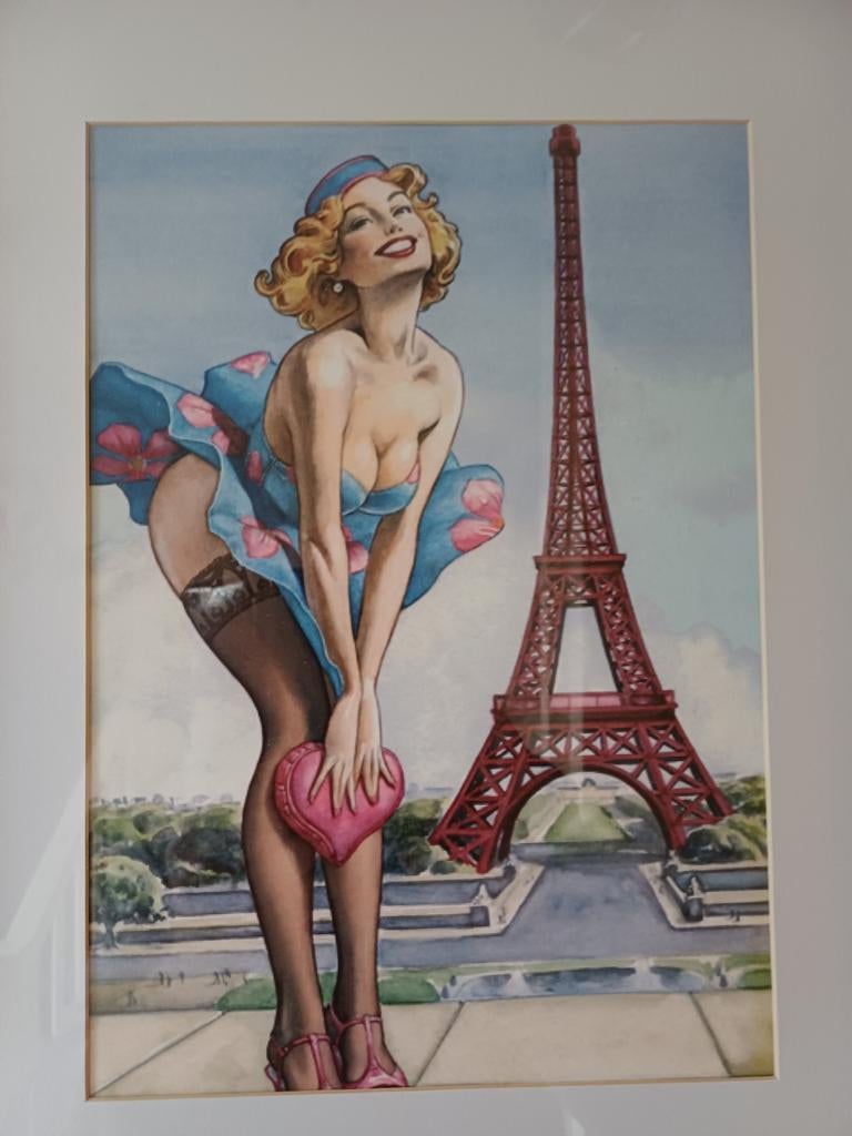 Pin Up Patrik Hitte - Ingelijste Kunstprint Eiffeltoren, Antiek en Kunst, Ophalen of Verzenden