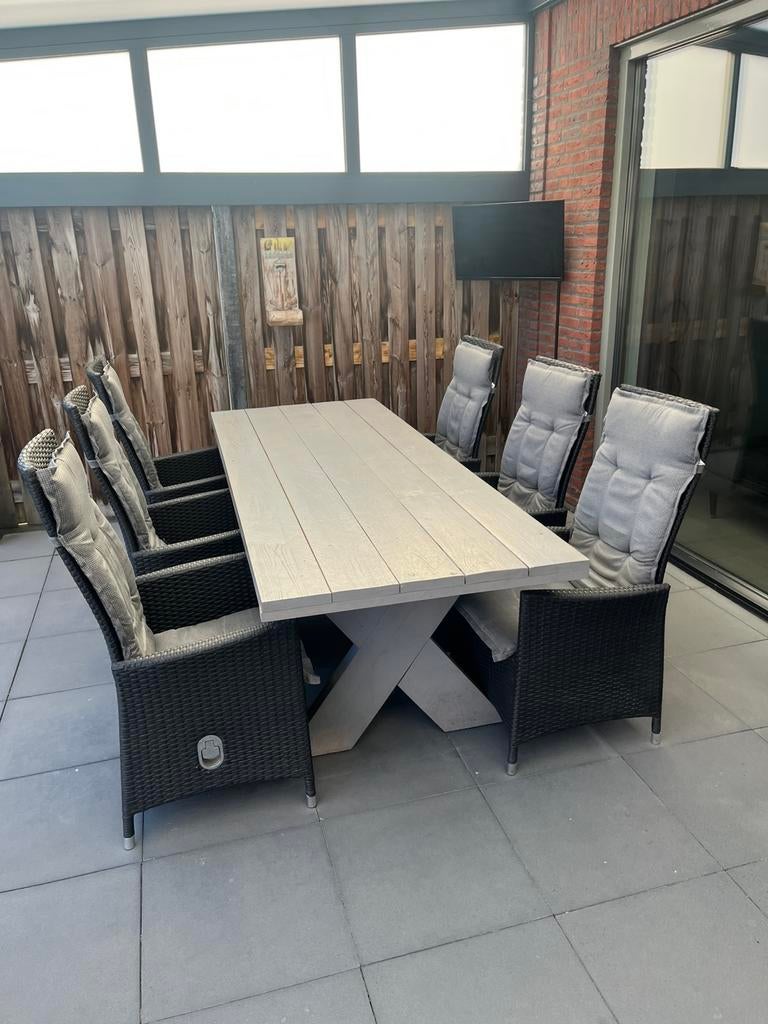Steigerhouten tafel grey wash met 6 verstelbare stoelen, Ophalen, 6 zitplaatsen, Steigerhout, Zo goed als nieuw