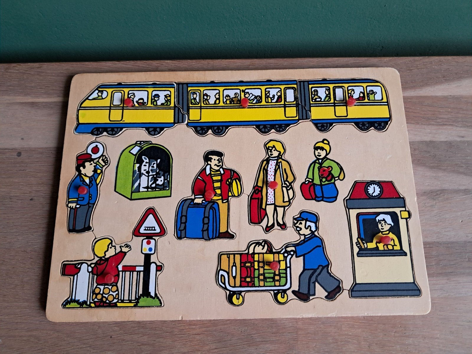 De Groene Merel houten puzzel trein 9 noppen stukjes, Ophalen of Verzenden