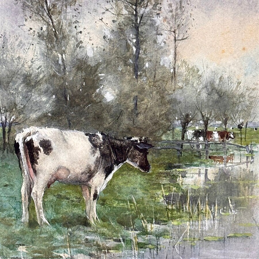 Geo Poggenbeek (1853-1903) - koeien langs de waterkant, Ophalen of Verzenden