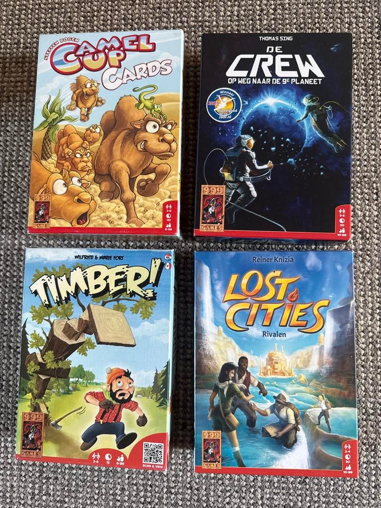Spellenset: Camel Up Cards, De Crew, Timber!, Lost Cities, Een of twee spelers, Ophalen of Verzenden, Zo goed als nieuw