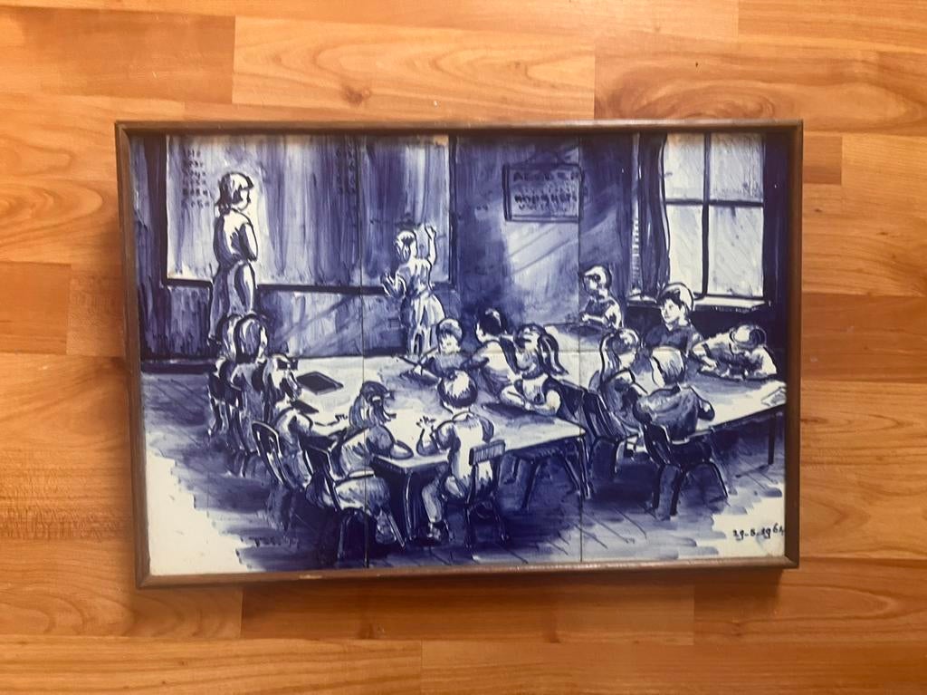 Antieke tegeltableau met schoolklas tafereel, Ophalen