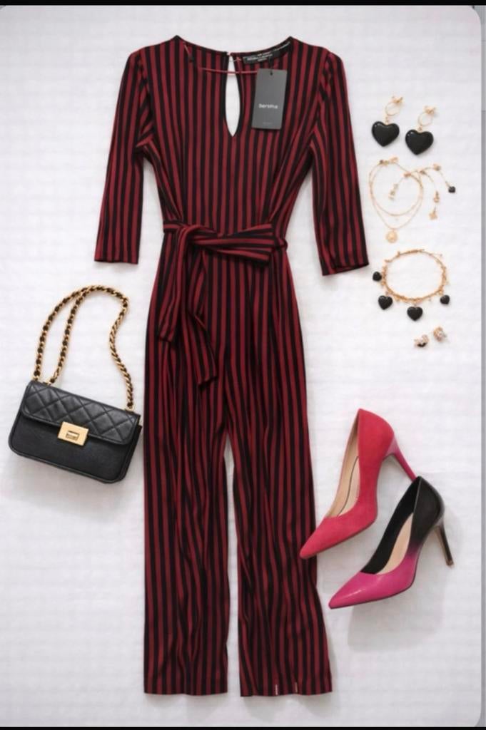 Bershka gestreepte jumpsuit rood/zwart - Maat S (36), Verzenden, Nieuw, Maat 36 (S), Rood