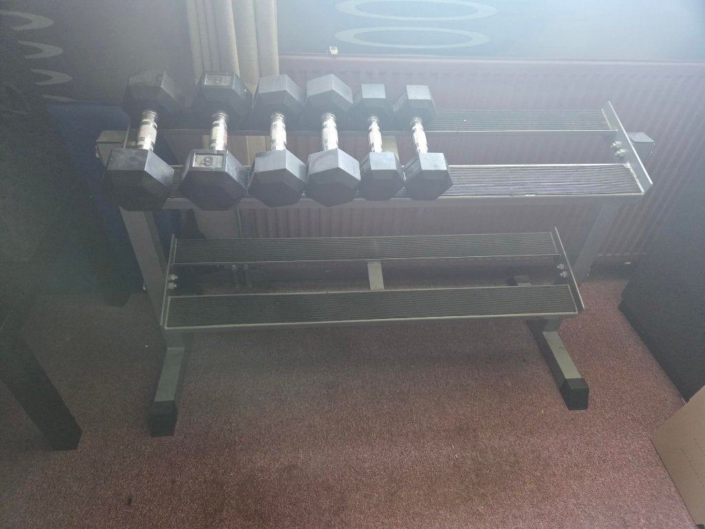 Dumbells met rek, Sport en Fitness, Ophalen, Gebruikt, Benen, Dumbbell