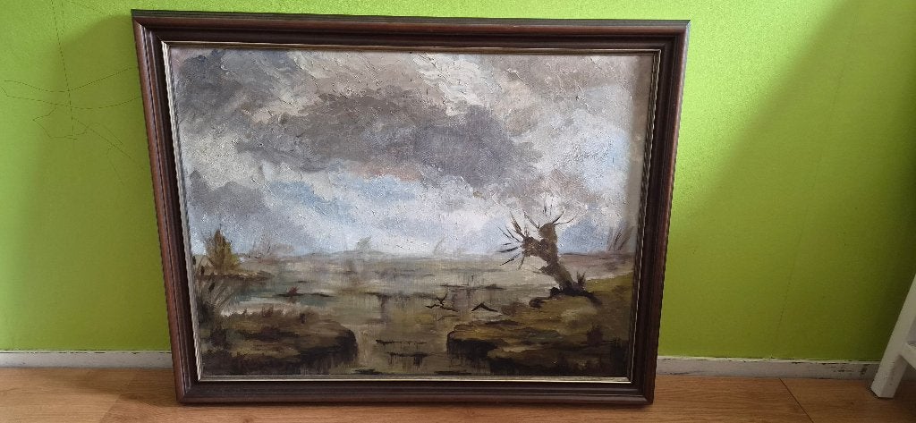 Olieverfschilderij Landschap met water en dreigende lucht, Ophalen, Doek, Expressionistisch, Landschap