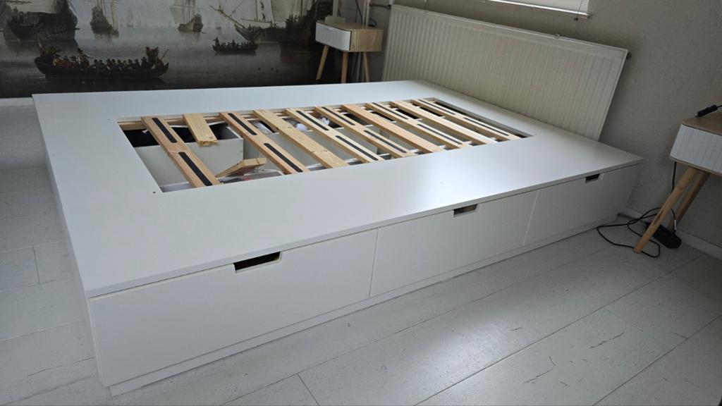 IKEA Nordli bedframe met lades, wit, 140x200 cm, Ophalen, Gebruikt, Wit, Tweepersoons