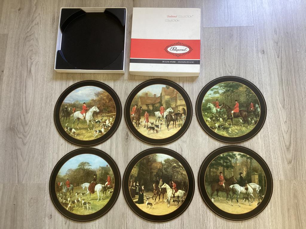 Vintage Pimpernel 'Tally Ho!' placemats:vossenjacht,  6 set, Ophalen of Verzenden, Zo goed als nieuw, Glas of Kopje
