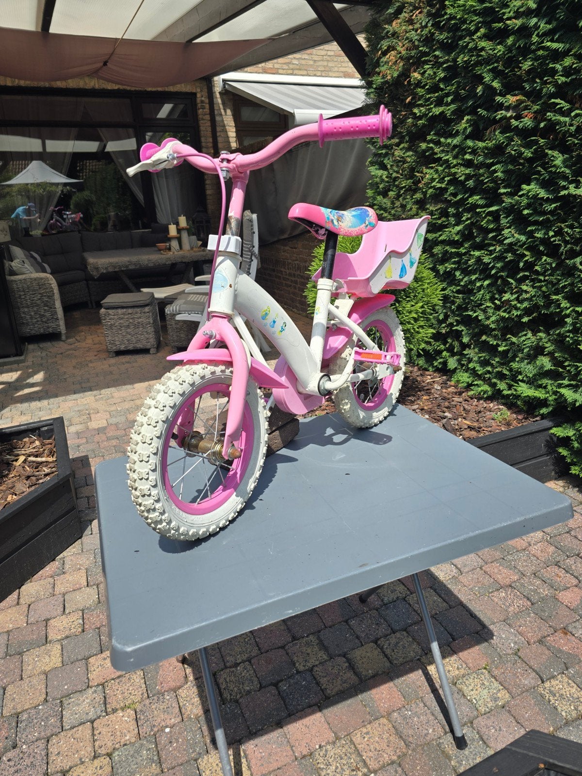Roze Disney Prinsessen Kinderfiets 12 inch, Ophalen, Gebruikt, Minder dan 16 inch, Zijwieltjes