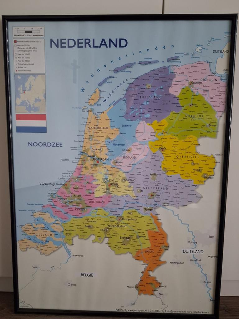 Poster kaart nederland, Rechthoekig Staand, Met lijst, Ophalen of Verzenden, Zo goed als nieuw