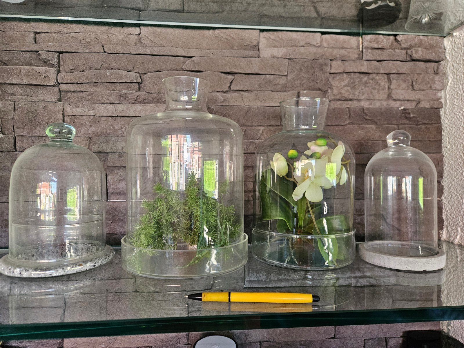 Set van 4 glazen stolpen, waarvan 2 met kunstplantjes, Glas, Ophalen, Gebruikt, Set