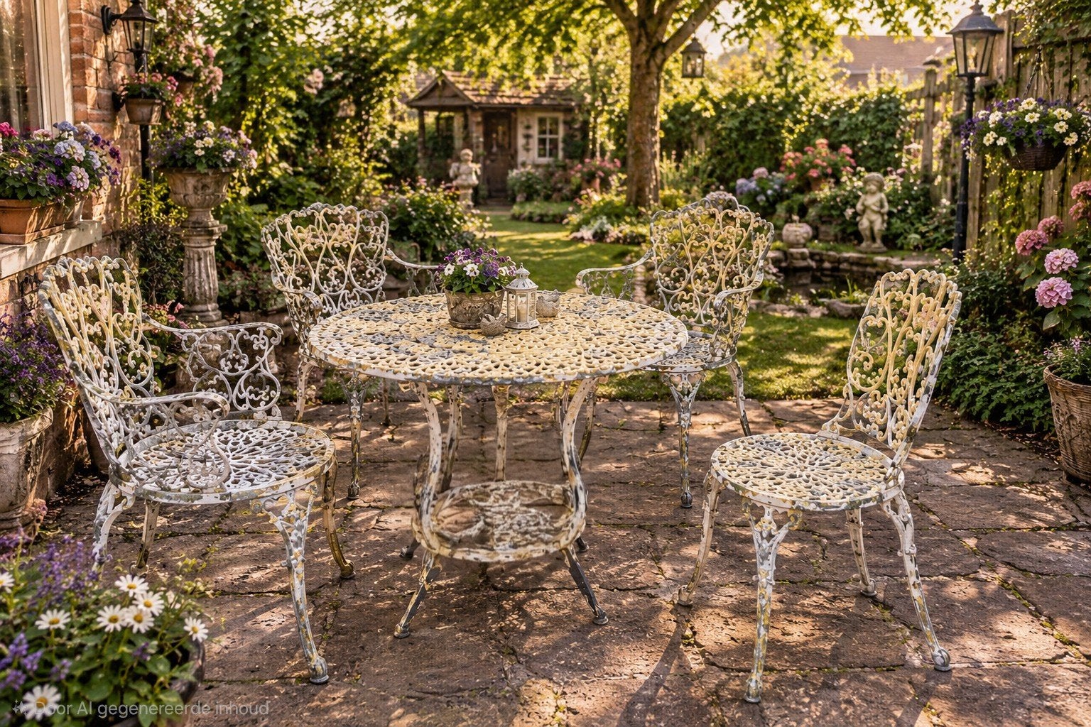 Vintage gietaluminium tuinset - Tafel en 3 fauteuil 1stoel, Ophalen, Gebruikt, Tuinset, Eettafel