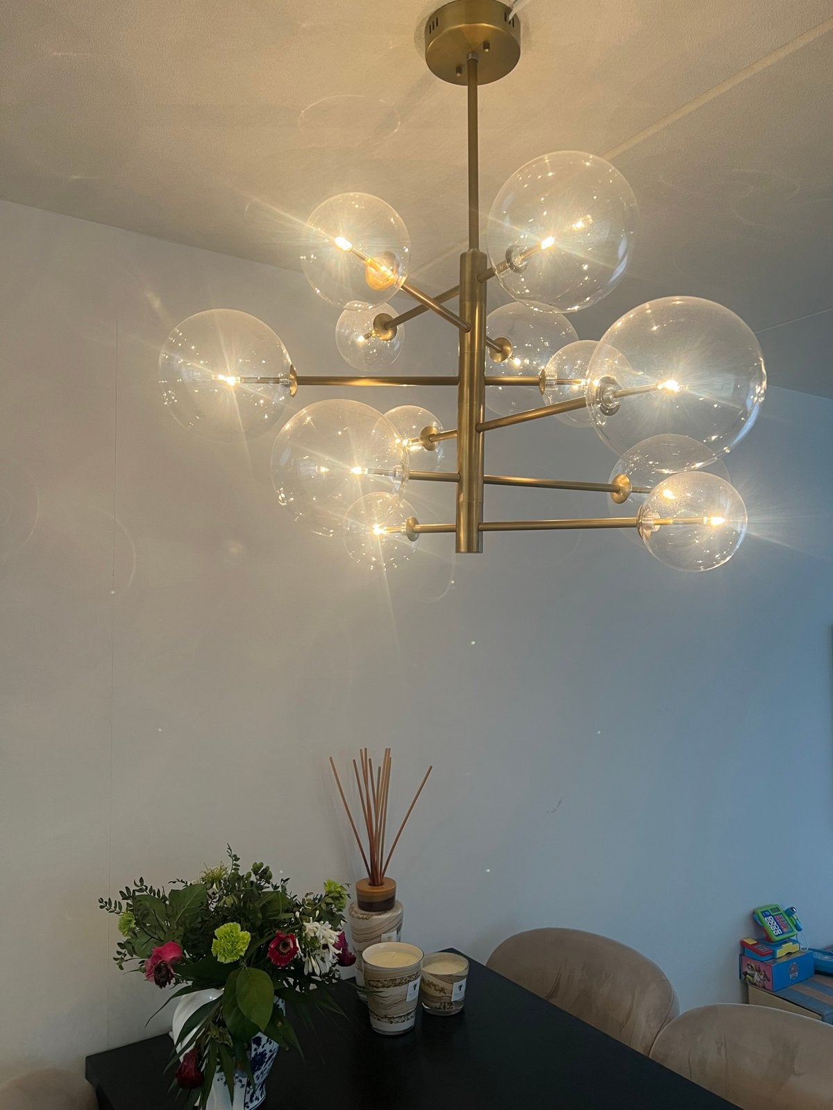 Originele Eichholtz stijl hanglamp met glazen bollen, Ophalen, Zo goed als nieuw, Glas, E14 (klein)