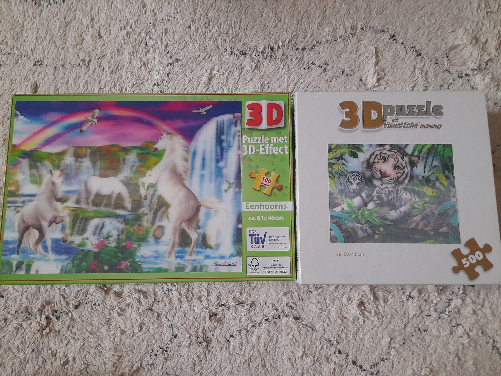 Twee leuke 3D puzzels: Eenhoorns en Witte Tijgers, Ophalen of Verzenden, 500 t/m 1500 stukjes, Gebruikt, Rubik's of 3D-puzzel