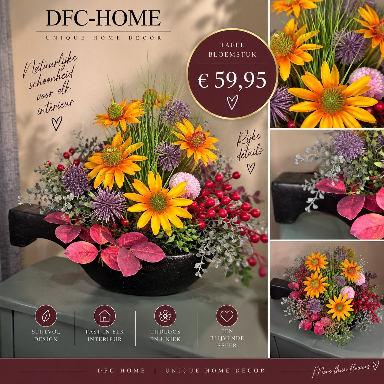 Luxe Zijden Tafel Bloemstuk Autumn Glow – Mat Zwarte Schaal, Binnen, Inclusief kunstbloemen, Www.discountfashioncorner.nl, Ophalen of Verzenden