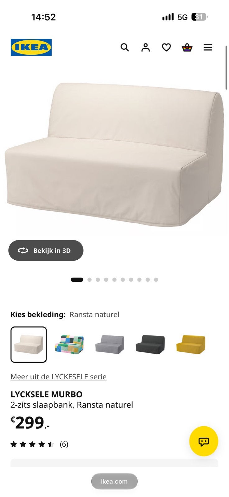 IKEA LYCKSELE MURBO 2-zits slaapbank, Ransta naturel, Huis en Inrichting, Ophalen, Gebruikt, Tweepersoons, 140 cm
