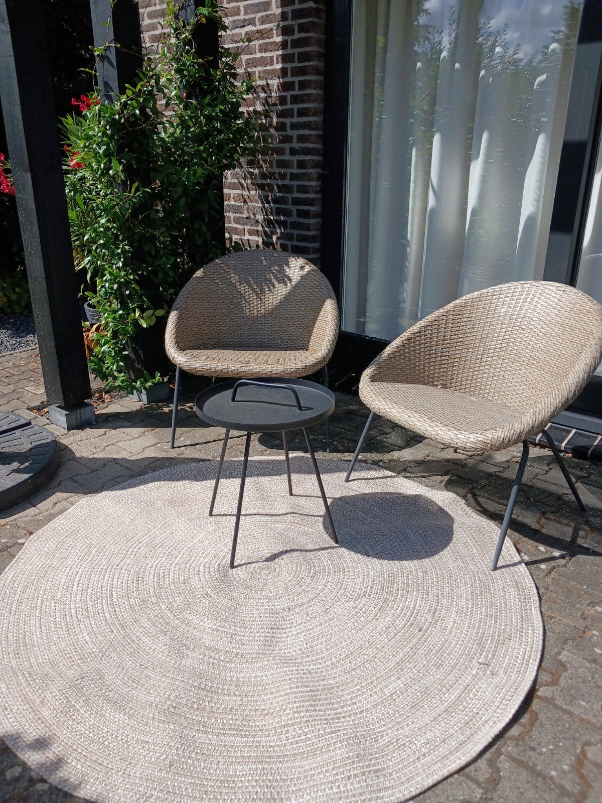 Binnen-/buitenkleed rond 160cm beige, Ophalen, Zo goed als nieuw, Kunststof