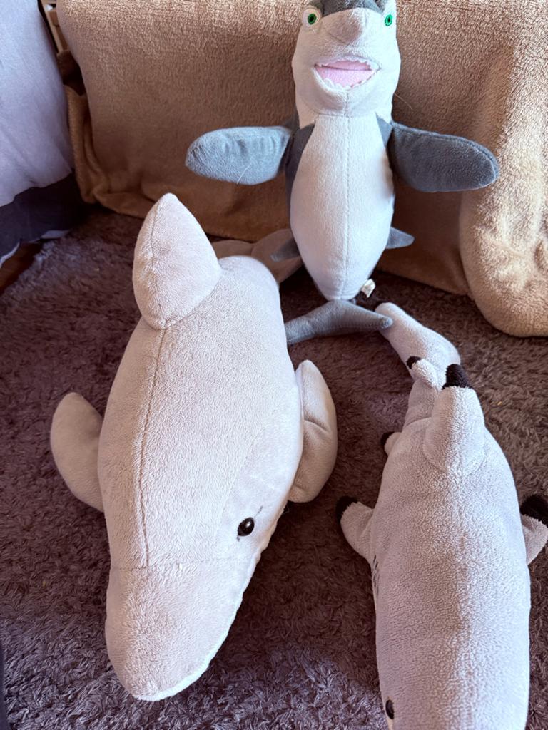 Dolfijn en haai knuffels - set van 3, Gebruikt, Overige typen, Grijs, Ophalen of Verzenden